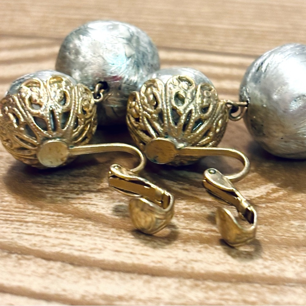 Vintage Silver and Gold Tone Ball Drop Clip-On Earrings - Picture 5 of 8